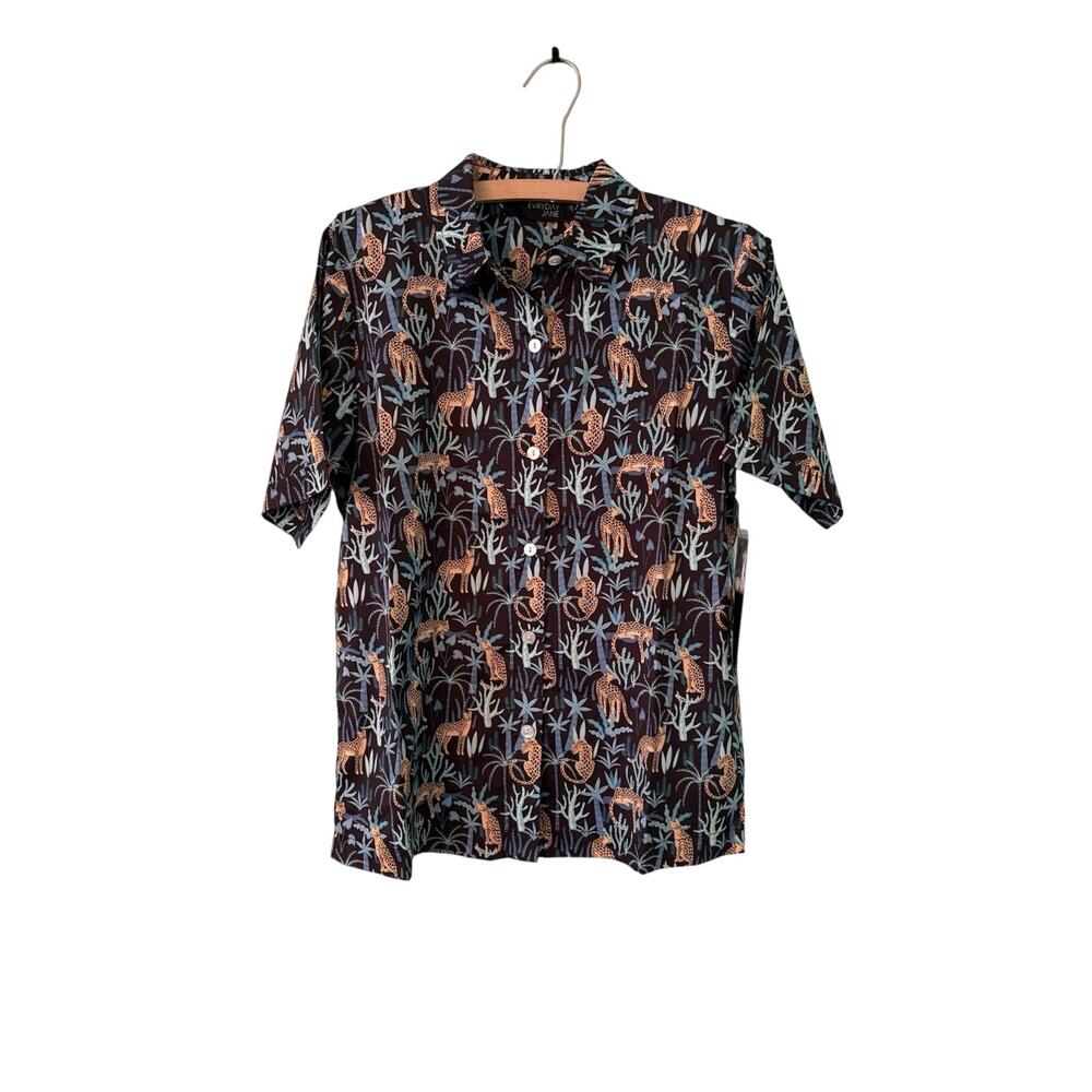 Evryday Jane Womens XS Tropical Cheetah Button Front Shirt 18” PTP 25” Length